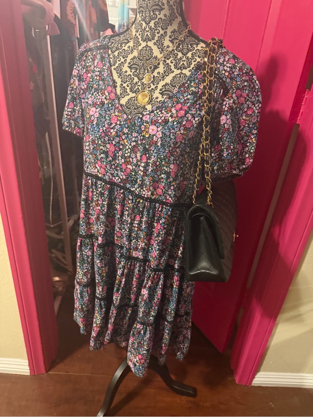 Wild fable Black Floral tiered MidiDress w sleeve size L